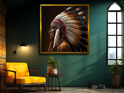 Native American Chief Portrait Wall Art Print on Canvas Framed Home Decor Realistic Tribal Cultural Art - Etsy