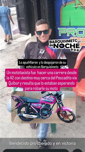 Barquisimetodenoche on Instagram: "Esta tarde un mototaxista fue hacer una carrera a una persona desde la 42 en Barquisimeto con destino muy cerca del Pescadito via a Quibor y resulta que lo estaban esperando para robarle su moto, ademas recibio algunas puñ4ladas y fue trasladado de emergencia a un centro de salud de la ciudad El mototaxista de nombre Johel Jose Silva Rodriguez (como se puede mostrar en la grafica ) , su motocicleta es color morada xon negro, marca Bera, placa AD8X83T . Las auto