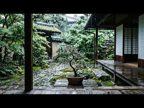 Rainy Day in Traditional Japanese Courtyard Calm Zen Garden Ambience