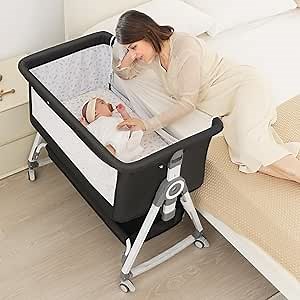Baby Bassinet, Bedside Bassinet for Baby, 4 in 1 Bassinet Bedside Sleeper with Locked Wheels, Mosquito Net, Adjustable Easy Folding Portable Crib for Infant Newborn, Dark Grey