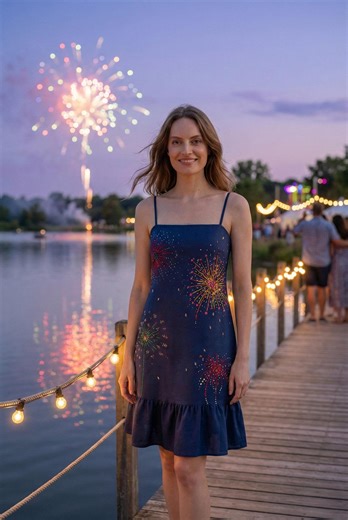 Handmade Fireworks Embroidered Navy Dress – Linen Cotton Summer Dress for Women - Etsy