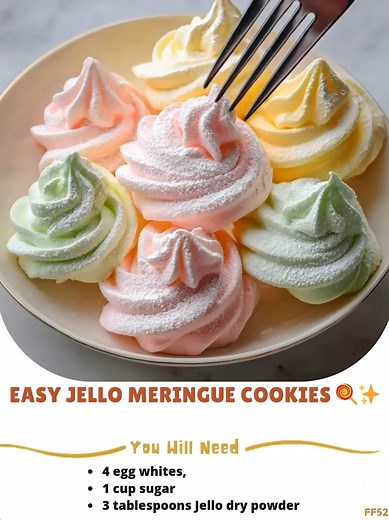 Easy 🕷️ Jello Meringue Cookies 🍭✨ Ingredients: - 4 egg whites, room temperature 🥚 - 1 cup sugar 🍬 - 3 tablespoons Jello dry powder (any flavor) 🌈 - Dash of salt 🧂 - 1/2 teaspoon cream of tartar 🍋 Instructions: ..... Full Recipe in Coʍmеոτ 💬 💙 | Family Yummy Recipes