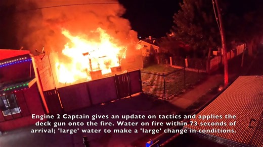 In early November of last year, Stockton Firefighters arrived on scene of heavy fire from a single story, single family board-up dwelling. Engine 2 initially called for a 2 1/2 inch attack line, but quickly adapted to a deck gun attack after anticipating forcible entry delays on a reinforced fence and gate. Upon arrival, the Stockton Fire Department found two structures (the main fire building and a detached garage on fire)- and kept it to just those two despite high probability of extension int