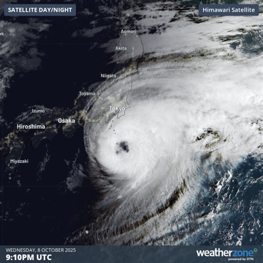 Typhoon Halong's eye came within 350km of Tokyo and Japan's main island of Honshu on the morning of Thursday, October 9, 2025. The island of Hachijō-jima, approximately 275km south of Tokyo on the Izu archipelago, came within close proximity to the eye wall, recording powerful winds of 122 km/h and over 340mm of rainfall overnight. While Honshu will mostly avoid significant impacts from Halong, coastal parts of southeast Honshu will continue to be impacted by large waves and gale force winds gen