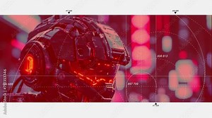 Combat robot in military metal armor. Futuristic cyborg security guard. Technology, robotics, artificial intelligence and future concept.