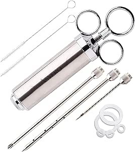 Meat Injector Kit Stainless Steel Food Syringe & 3 Marinades Needles for BBQ Grill Professional Smoker Seasoning Culinary Barbecue Syringe & Meat injectors for Smoking