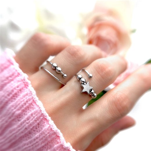 Fidget Ring, Spinner Beads Focus Relaxation, Mindful Calm Dainty Minimalist Stress-free Spinner Relief Gift, Restless Hands, Silver Stars - Etsy
