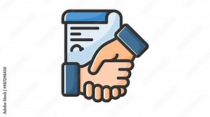 Animated contract with two hands shaking over signed document perfect for business agreements, partnerships, contracts, legal services, success, teamwork concepts