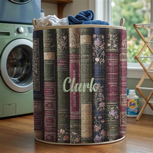 Personalized Vintage Book Laundry Basket, Custom Name Library Hamper, Antique Book Spines Storage Bin, Book Lover Decor Organizer