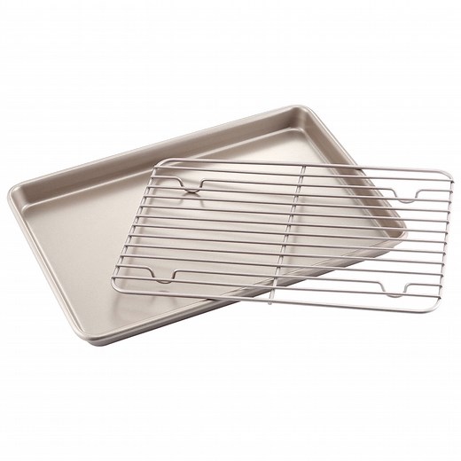 CHEFMADE Roasting Pan with Rack, 13-inch Non-Stick Rectangular Shallow Dish Sheet Pan with Wire Rack for Oven Baking, BBQ, Jelly Roll and Roasting 9" x 13" x 1" (Champagne Gold)