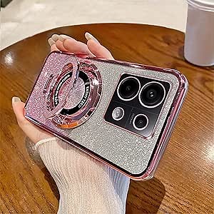 for Redmi Note 13 Pro 5G Glitter Case, Magnetic Kickstand Case with Camera Lens Protector Bling Sparkle Plating Soft TPU Slim Shockproof Phone Cover Redmi Note 13 Pro 5G. Rose Gold DS