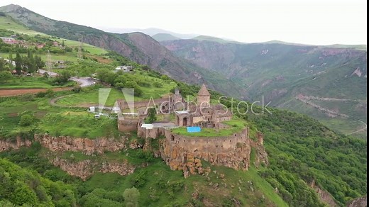 Aerial view Tatev Monastery in Armenia. Tatev is a 9th century ancient monastery in Syunik Province. Famous touristic place. Old christianity unique church monastery Tatev. UNESCO World Heritage.