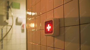 An emergency call button built into a bathroom wall with easytoread instructions for seniors to use in the case of a fall or other medical emergency.
