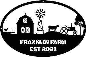 Metal Farmhouse Name Sign - Indoor/Outdoor Customized Rustic Charm Personalized Home Decor - Ranch/Farm House Made in USA with Tractor Windmill Cow