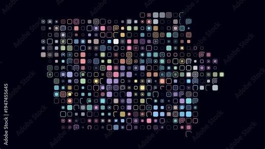 Iowa animated shape. Pulsating colored dots on the map of the state. Large size rounded square blocks. Digital style Iowa map on dark background. Vibrant animation video.