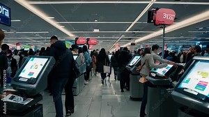 People use self-service kiosks in a modern supermarket. Concept: automation in retail, self-service technologies, Stock Video