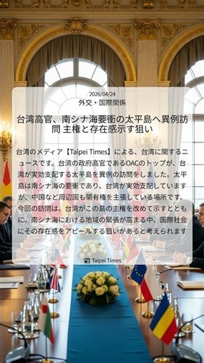 台湾高官、南シナ海要衝の太平島へ異例訪問 主権と存在感示す狙い｜Taipei Times｜2026/04/24｜外交・国際関係