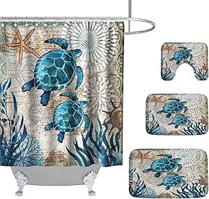 Sea Turtles Nautical Ocean Beach Bathroom Sets with Starfish Coral Shower Curtain and 20 x 31 Rugs Bathroom Accessories Sets Decor with Bath Rug, Bath Mat, U-Shaped Contour and Hooks 72 x 72 Inch