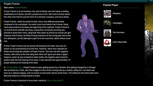 New 'Left 4 Dead' Character 'Purple Francis' Was Created by Wiki Vandals