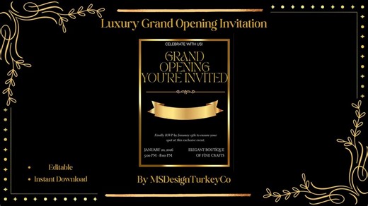 Grand Opening Invitation Template, Business Opening Invite, Editable Canva Invitation, Black Gold White, Instant Download - Etsy