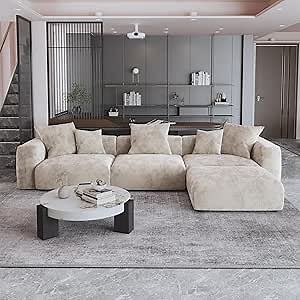 WJShome Cloud Couch Modular Sectional Sofa,141.73inch L Shaped Couch,Oversized Corduroy Couches with Ottoman and Pillows, Beige 4 Seaters Cushion Covers Removable& Washable