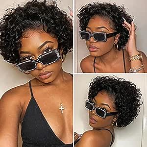 Rofa Short Curly Human Hair Wigs for Women Afro Pixie Black Wigs Glueless Lace Front Wigs for Women Pre Plucked 13x1 Short Black Wig 150% Density (1B)