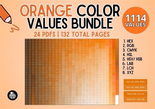 Orange Color Values Bundle: Hex, Rgb, Cmyk, Hsl, Hsv/ Hsb, Lab, Lch, Xyz | Printable Palette Chart, Shade Catalog, Color Swatch Library - Etsy