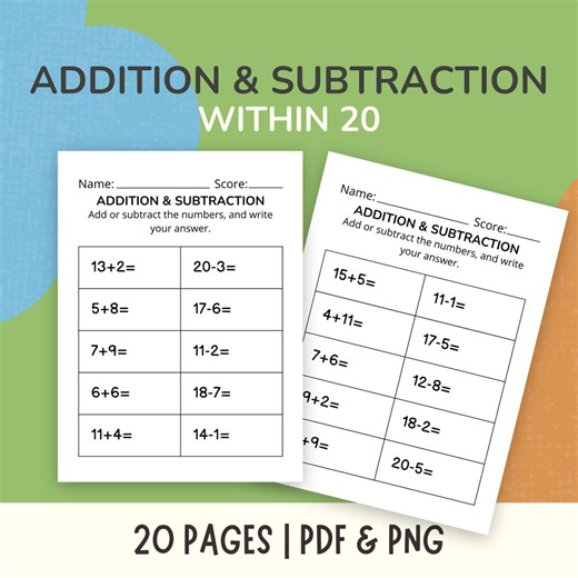20 Printable Addition and Subtraction Worksheets Within 20 First Grade Math Practice Beginning Math Activities Teacher Resources - Etsy Canada