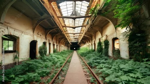 Overgrown train tracks lead into an abandoned arched brick tunnel, with lush vegetation overtaking the disused railway.