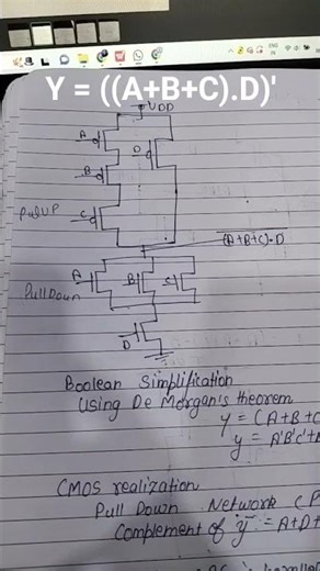 #vlsi#function# cmos#y=((A++B+C).D)'#function using cmos #cmos inverter#logic #electronic #inverter