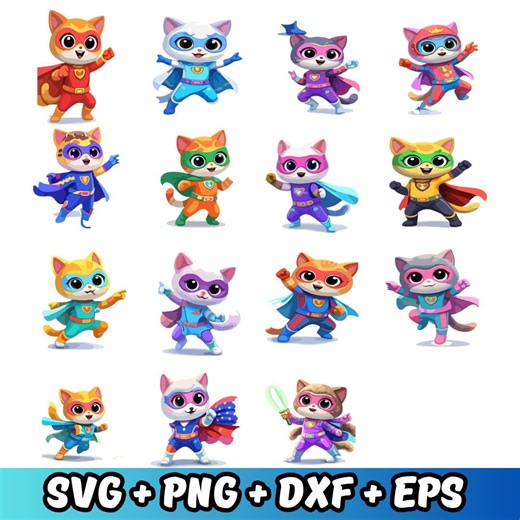 Super Hero Kittens Svg Bundle | Cute Cat Hero SVG PNG | Kitty Clipart | Cartoon Cat SVG | Cricut Files | Kids Shirt Design - Etsy
