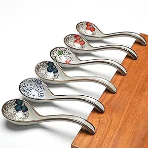 6 Pcs Asian Soup Spoon 6.5 Inch Asian Ceramic Soup Spoon with Long Handle Chinese Soup Spoons for Kitchen Wonton Dumplings Pho Japanese Ramen Noodle Rice, Dishwasher Safe(Flower)