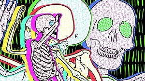 Thriller dancing skeletons in comic style, fluorescent textures and patterns. Halloween zine culture video loop with a doodle cartoon illustration look in stop motion