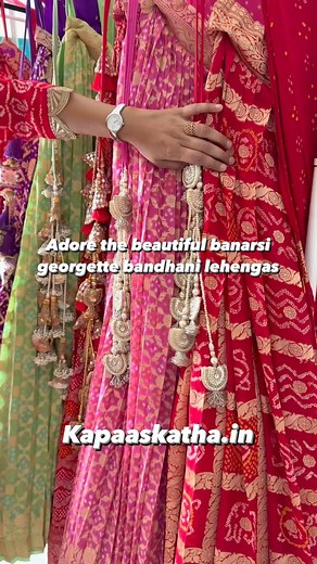 Kapaas Katha on Instagram: "So many colours for the wedding and festive season :) Pure Banarsi georgette bandhani lehenga (ghagra with georgette bandhani blouse fabric). This is clubbed with pure georgette bandhani dupatta. Length: Approx 43- 44 inch length Waist: 34-inch waist with drawstrings and zip closure on the side. Ghagra has single layer of Cancan and double layer of lining. Ghaghra and unstitched blouse colour: Shade of Turquoise . . Shop now with the link in bio. Whatsapp us on +91 89