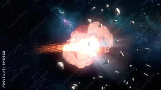 A spaceship explodes violently in deep space with debris flying out, stars and galaxies in background, conveying destruction