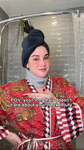 Didn’t think I’d be doing my extra long hair routine… in a neck brace 😅 But here we are. We are styling and healing bebés, but also AUXILIO I’m so done with the neck pain!!! Products used: @k18hair Heat Bounce @dysonusa blow dryer @printfresh robe @thewetbrush detangling brush #longhair #neckbrace #pov #hairproducts | Alexandra Arriaga