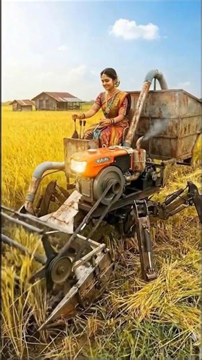 A walking machine harvesting wheat