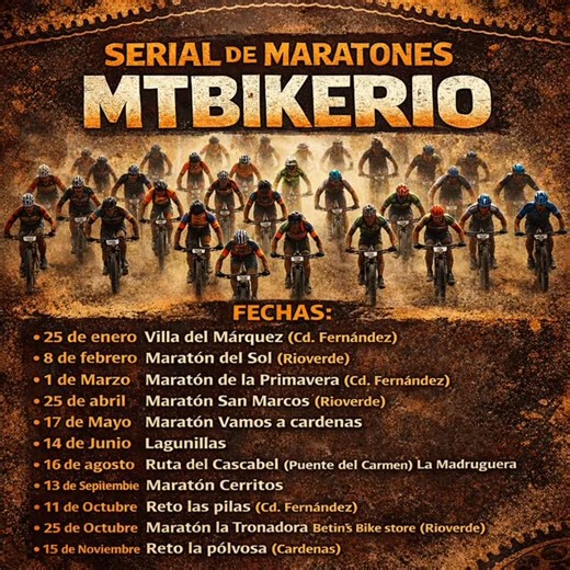 MTBIKERIO on Instagram: "🏆🔥 SERIAL DE MARATONES MTB 2026 🔥🏆 No es solo una carrera… Es un año completo de esfuerzo, constancia y competencia. 🚵‍♂️ Compite en cada fecha 📊 Suma puntos 🥇 Pelea por el campeonato del Serial 2026 Cada kilómetro cuenta. Cada carrera te acerca al título. 📅 Fechas oficiales del Serial 2026 [Aquí va el flayer con todas las fechas] ¿Estás listo para demostrar quién manda todo el año? 💥 Solo los constantes llegan al campeonato. #SerialMTB2026 #CaminoAlCampeonato #