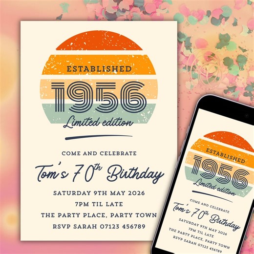 Editable 70th Birthday Invitation, Printable Retro Sunset 1956 Birthday Party Invite, Mobile Invite, Canva Template, Digital Download - Etsy
