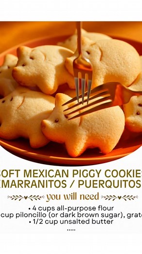 🐷🍯 Soft Mexican Piggy Cookies (Marranitos / Puerquitos) 🌟🤎 Classic, soft, molasses-spiced Mexican pan dulce shaped like adorable little piggies! Prep time: 15 minutes Cook time: 12–15 minutes Total time: 30 minutes Yield: 18–22 cookies Ingredients: • 4 cups all-purpose flour • 1 cup piloncillo (or dark brown sugar), grated • 1/2 cup unsalted butter • 1/2 cup molasses • 1/2 cup milk • 1 egg • 1 1/2 tsp baking soda • 1 tsp cinnamon • 1/2 tsp ground ginger (optional) • 1/4 tsp cloves (optional)