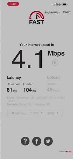 AT&T 5G+ Video Speed Cap Test Via Fast.com At Quincy university