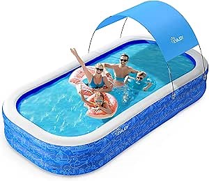 Large Inflatable Swimming Pool with Canopy, 150” x 70” x 20” Full-Sized Inflatable Pool for Kids & Adults, Kiddie Pool with Sun Shade, Blow Up Pool for Backyard, Garden, Age 3+, Blue