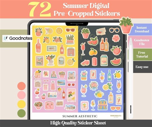 Summer Stickers for Goodnotes Planner, Cute Notes, Aesthetic Precropped Digital Stickers, Decor for Journal Notebook, Everyday Lifestyle - Etsy