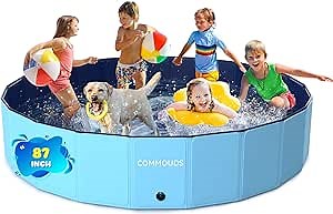 COMMOUDS 87Inch Large Foldable Dog Pool, Collapsible Hard Plastic Dog Kiddie Swimming Pool, Portable Pet Bath Tub Wading Pools for Kids and Puppy Small Medium Large Dogs