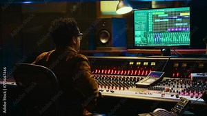 African american sound designer operates control desk mixer and audio software for editing tracks. Producer works with switchers, buttons, sliders, motorized Faders to play hit song. Camera A.