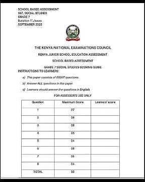KNEC SBA Social Studies Grade 7 October 2025 | KNEC CBC Questions with Answers