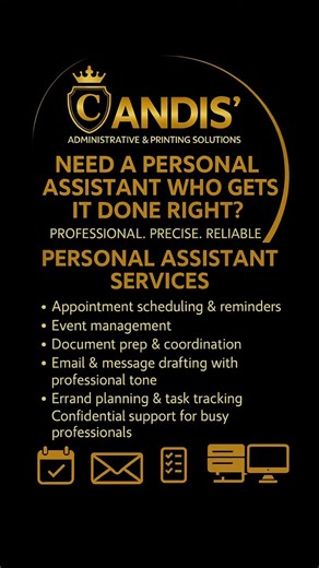 Candis' Administrative & Printing Solutions on Instagram: "✨ Skilled support. Confidential execution. Professional results. Candis’ Administrative & Printing Solutions now offers Personal Assistant Services for those who need more than just reminders. From event management to online form navigation, email drafting to document preparation, I handle tasks that require precision, discretion, and real expertise. 📍 Serving clients across Trinidad & Tobago #PersonalAssistantServices #TrinidadBusiness