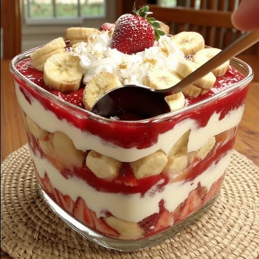 This Strawberry Banana Pudding Dream is a dessert masterpiece—sweet, creamy, fruity, and layered to perfection! 🍓🍌🍮 It’s everything you love about classic banana pudding, but leveled all the way up with juicy strawberries and a whipped, cloud-like filling. Golden cookies, ripe bananas, strawberry glaze, and fluffy cream come together in every dreamy, spoonful layer. It’s no-bake, crowd-pleasing, and absolutely irresistible. 🍓 Here’s how to build your dessert dream: Ingredients: 1 box vanilla
