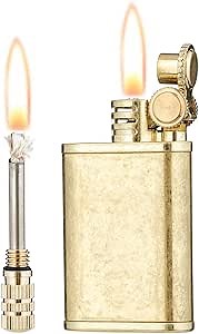 2 in 1 Lighetr Permanent Match Antique Style Flint Wheel Kerosene Lighter with Permanent Match (Brass)