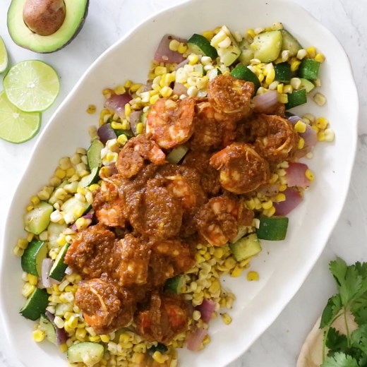https://www.skinnytaste.com/mexican-shrimp-diablo/ This delicious Mexican Shrimp dish is made with saucy Chipotle shrimp served over a bed of corn, zucchini, and red onions, and served with a side of avocado. | Skinnytaste